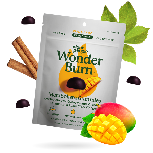 Package of Plant People Wonder Burn Metabolism Gummies with mangoes, cinnamon sticks, and leaves on a white background